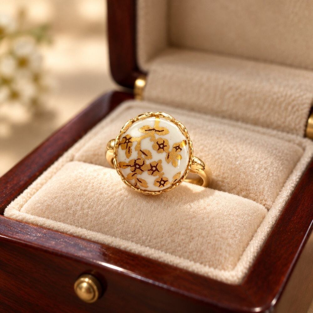 Vintage Hand-Painted Porcelain Gilded Floral Cocktail Ring